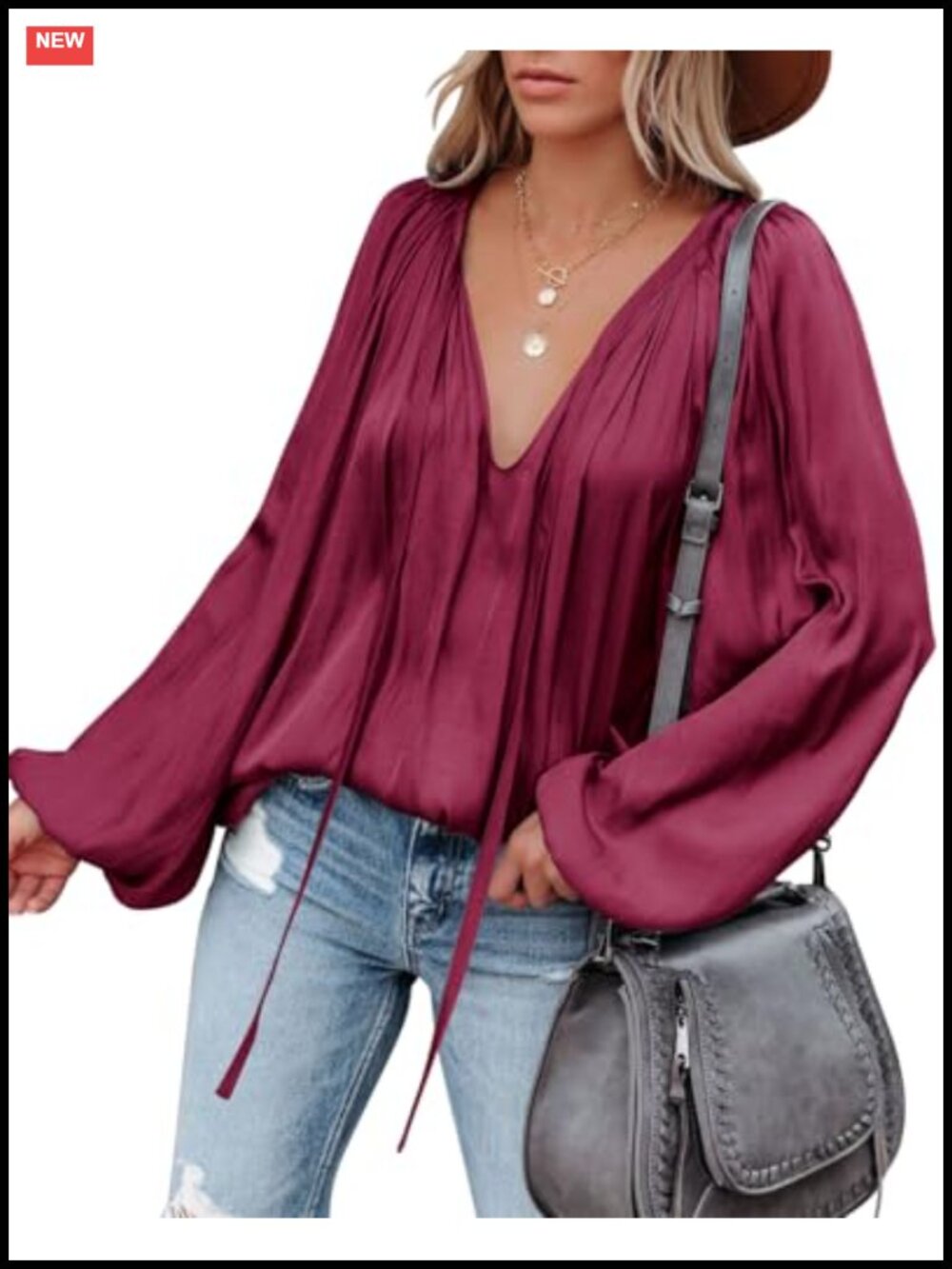 Womens Sexy Deep V Neck Bell Sleeve Satin Blouse